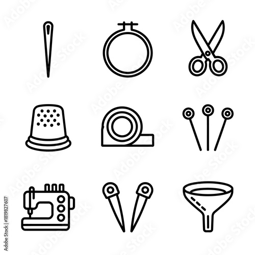 Sewing and Tailoring Tools Icon Set in Line Art Style Crafting Essentials for DIY Projects and Textile Design