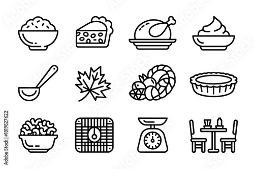 Thanksgiving Dinner Icon Set in Black and White Line Art Style Perfect for Holiday Designs