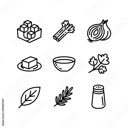 Culinary Herbs and Spices Icon Set for Cooking and Recipe Illustrations with Onion Celery and Butter