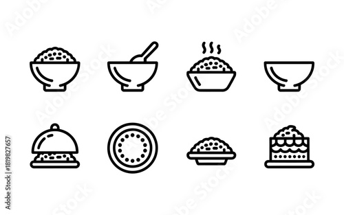 Outline Icon Set for Food and Rice Dishes in Bowls Plates and Covered Dishes Simple Minimalistic Design