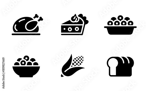 Thanksgiving Dinner Vector Icons Featuring Turkey Pie Cranberries Corn and Bread for Holiday Design