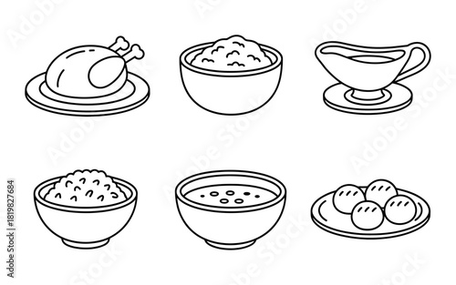 Festive Thanksgiving Dinner Line Art Icon Set Featuring Turkey Gravy Mashed Potatoes Soup Stuffing and Cranberry Sauce for Holiday Designs