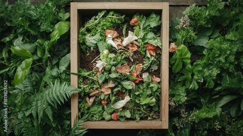 Compost bin filled with organic garden waste surrounded by lush green foliage and ferns in a natural setting.