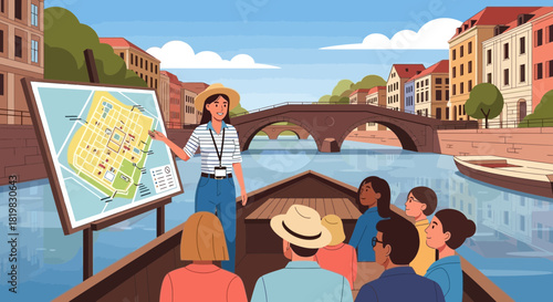 Guided boat tour through charming European city waterways with map presentation