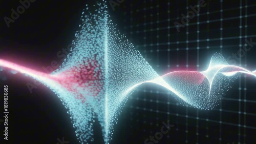 Holographic brainwave line oscillating smoothly on a dark grid, cyan and magenta particles flowing along the waveform, futuristic neuroscience and meditation technology aesthetic for modern visuals.