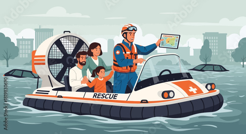 Family Rescue Operation After Flood Disaster by Coast Guard, Modern Vector Design