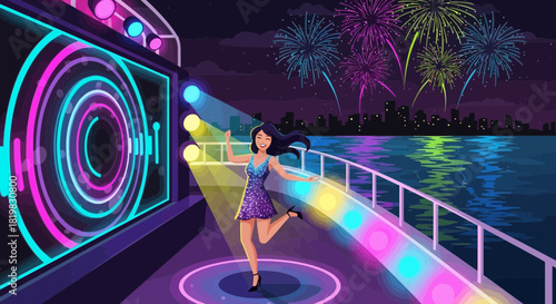 Enthralling Boat Party Celebration with Fireworks and Neon Stage Ambiance