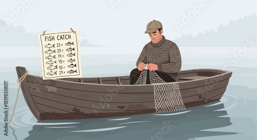 Illustrative fisherman repairing fishing net in rustic boat near catch record
