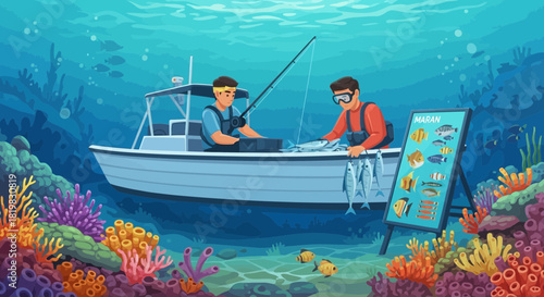 Underwater fishing scene with boat, coral reef and informational signage