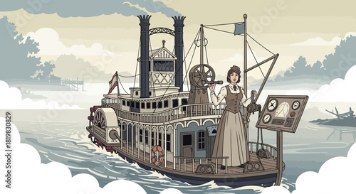 Vintage riverboat adventure with a female navigator steering through misty waters