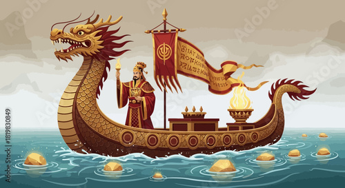 Emperor embarks on a dragon boat expedition across calm waters, symbolizing power