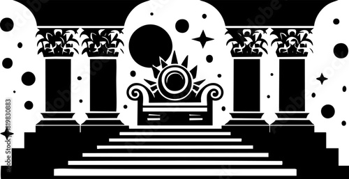 Celestial Throne Illustration with Sun and Moon Motifs