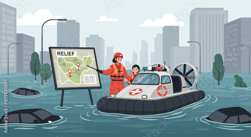 Assistance for flood victims navigating relief efforts with hovercraft in city