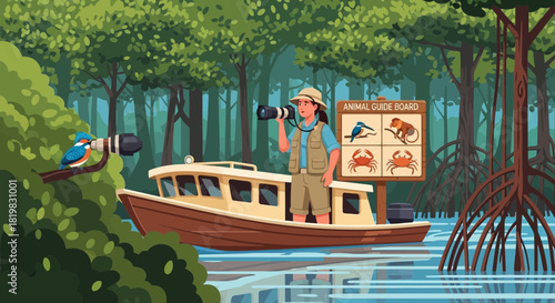 Illustrative wildlife adventure: researcher exploring mangrove ecosystems by boat