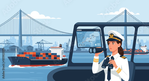 Female ship captain navigating a container ship through harbor with advanced technology