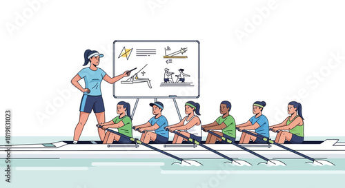 Crew rowing team receives instruction from their coach using visual aids