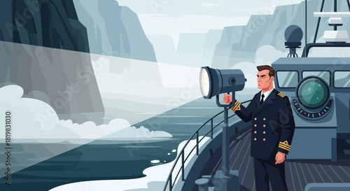 Illustration of a ship captain navigating icy waters with a searchlight
