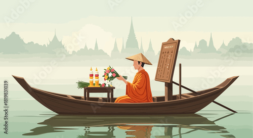 Peaceful journey: Buddhist monk meditating on a boat amidst a serene landscape