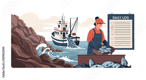 Seascape depicting a fisherwoman sorting the day's catch near a fishing vessel