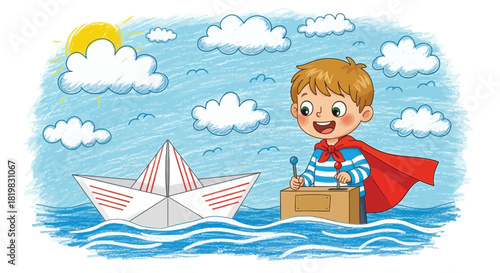 Young adventurer steering paper boat amidst playful cloudscape on the ocean