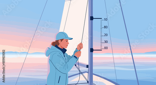 Sailing adventure: woman adjusting the sail on a yacht in a beautiful sunset