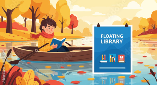 Cartoon illustration of a person reading in a rowboat on an autumn lake