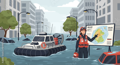 Flood disaster response team navigating flooded city with relief coordination