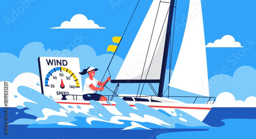 Sailing adventure: Woman steering sailboat with white sails in blue ocean waters