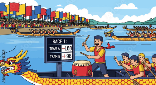 Animated Dragon Boat Race Illustration Depicting Team Competition and Celebration