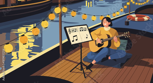 A joyful evening serenade on a canal boat under the soft glow of lanterns
