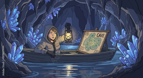 Intrepid explorer on a riverboat journey through crystal-adorned caverns adventure