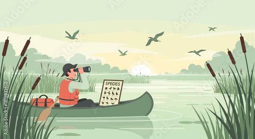 Serene scene of birdwatching activity in a canoe at sunrise, nature exploration