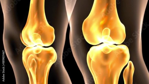 Illustration of two knee joints with bones and ligaments in orange and brown on black background