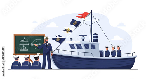 Naval Officer Conducting Maritime Training Session with Cadets on Naval Vessel