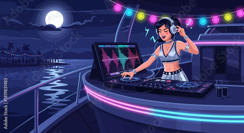 Energetic DJ spinning tunes on a yacht at a lively night party under the moonlight