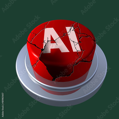 Cracked red AI emergency button, representing malfunctioning algorithms, cybersecurity risks, or unstable artificial intelligence. High-detail 3D illustration.