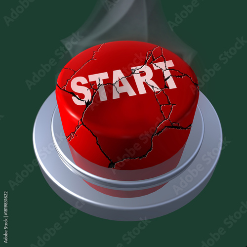 3D red “START” button with deep surface cracks, symbolizing system overload, unstable launch, or risky activation.