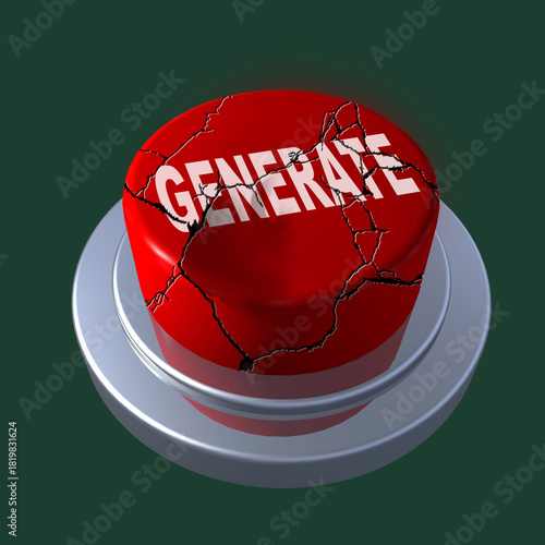 3D red “GENERATE” button with deep cracks across the surface, symbolizing AI overload, system failure, or broken generation process. Futuristic tech concept on metallic base.