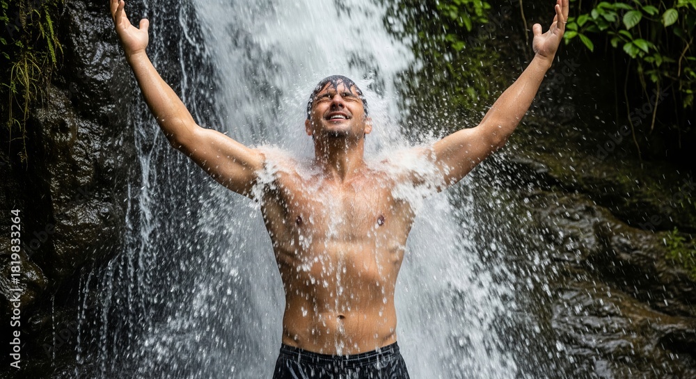 Fototapeta premium Man enjoying fresh water under tropical waterfall. Natural spa and refreshing experience in nature. Relaxation and wellbeing concept.