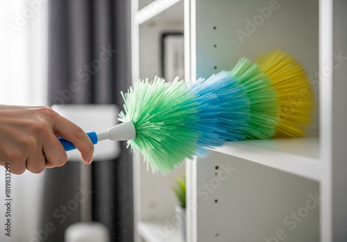 Woman hand cleaning bookshelf with colorful duster. Housework and spring-cleaning concept, for tidiness and home maintenance product.