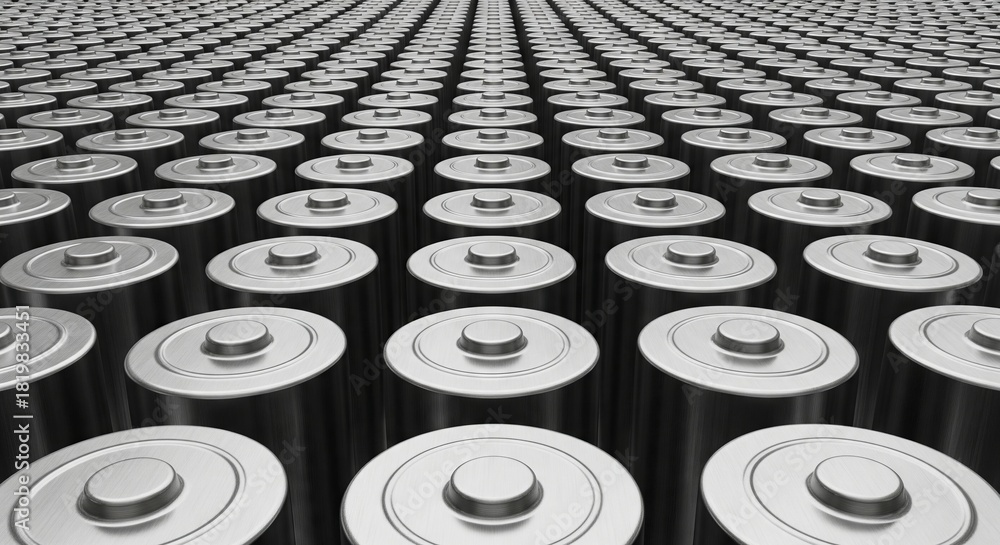 Fototapeta premium Rows of cylindrical batteries arranged in grid. Concept of energy storage, power supply, and electric revolution for technological solutions.