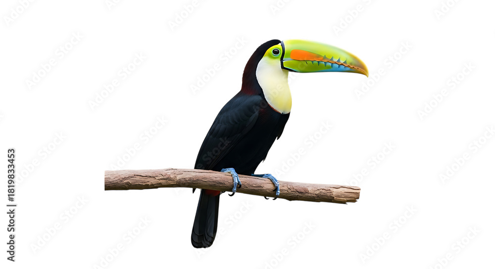 Naklejka premium White throated Toucan, perched on a wooden branch with a vibrant multicolored beak, isolated on a white or transparent background, cutout, PNG