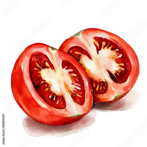 Two sliced tomato painting design set Hand-painted style, vectorized, vector set available in EPS, Simple Hand-painted watercolor style
