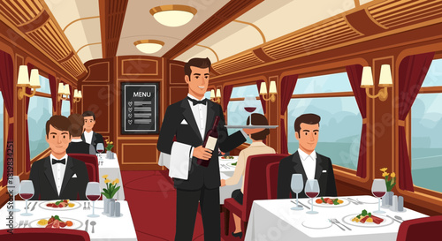 Elegant dining experience aboard a luxury train carriage with attentive waiter