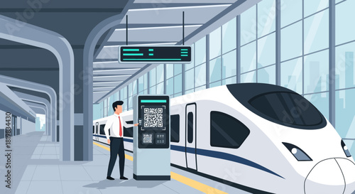 Seamless journey: Passenger utilizing digital ticket vending machine on train platform