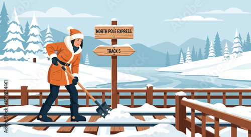 Woman diligently shoveling snow on railway tracks leading to North Pole Express