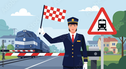 Railway Safety: A Conductor Halts Traffic with a Flag near a Train Crossing