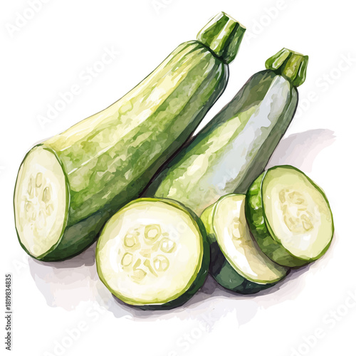 Ripe sliced zucchini painting design set Hand-painted style, vectorized, vector set available in EPS, Simple Hand-painted watercolor style