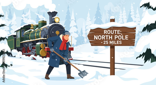 Clearing the Snowy Path to the North Pole for Winter Train Journey