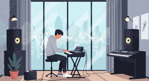 Musical creativity in a modern apartment, featuring a synthesizer player